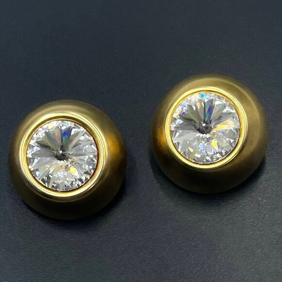 Erwin Pearl Large Gold Tone Round Bezel Set Sparkling Rhinestone Clip Earrings - Picture 1 of 10